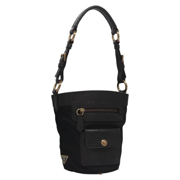 PRADA Hand Bag Nylon Leather Black Gold - Picture 1 of 10